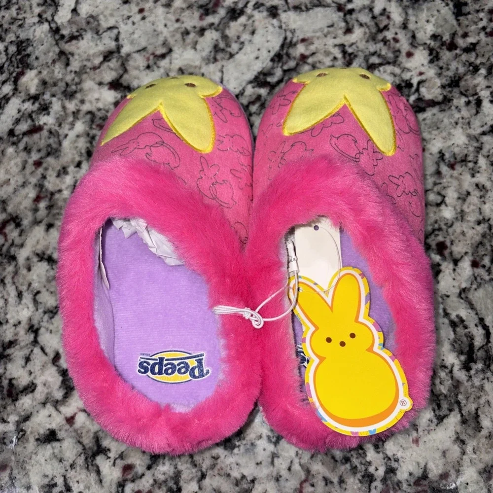 Peeps Slippers‎ Girls Size 13-1 Pink Yellow Slip On Faux Fur Lined Plush Shoes